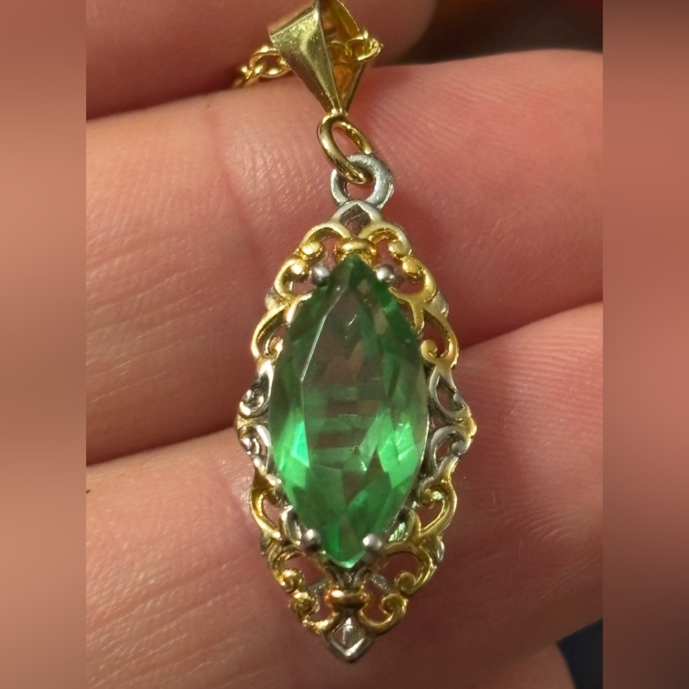 💚 NEW Chartreuse Quartz Doublet Marquis Pendant • Ornate 2-Tone • Luminous Green